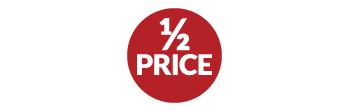 Red circle icon with the words 'HALF PRICE' in bold, white text.