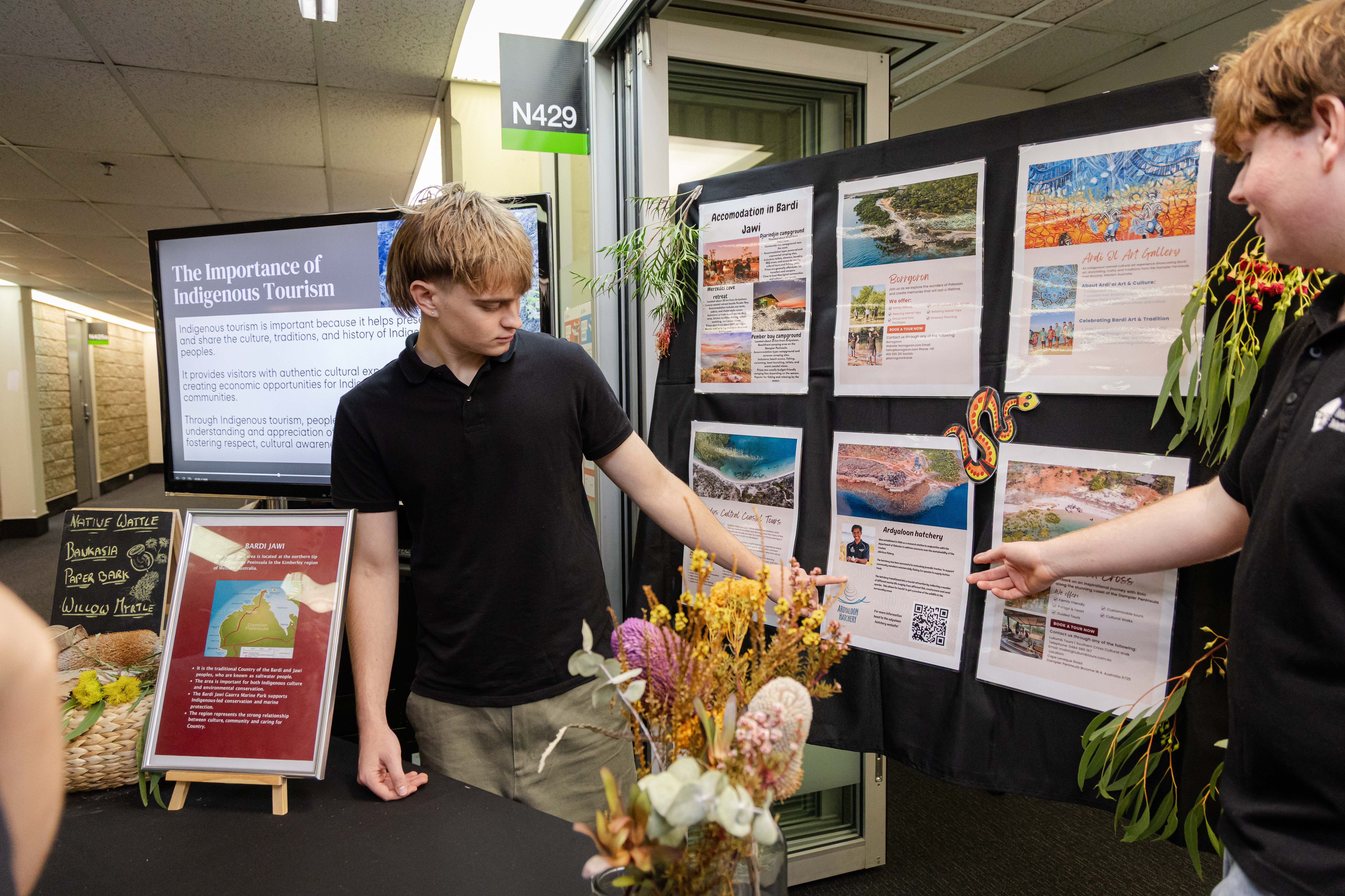 Tourism students pointing at location posters.
