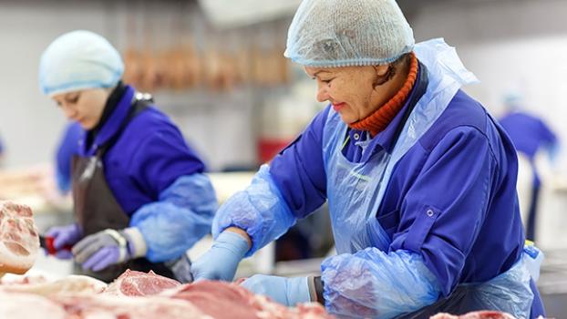 Two meat processing workers on the job