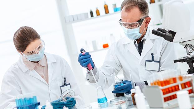 Pharmacologists at work in a laboratory.