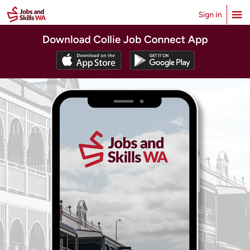 Jobs and Skills WA webpage banner promoting the Collie Job Connect app, with App Store and Google Play download buttons and a phone mock-up displaying the app screen.