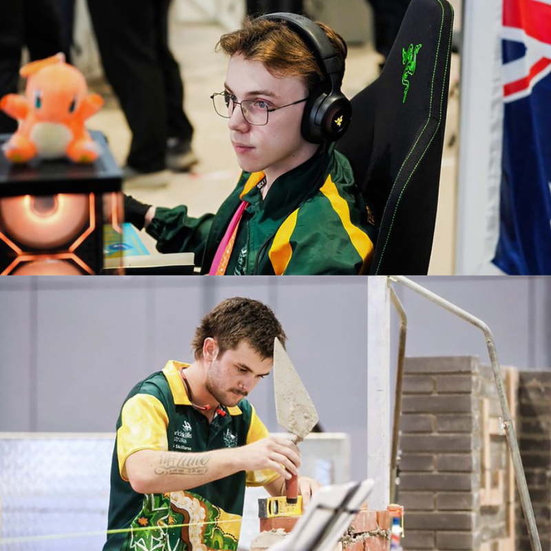 Split image showing a competitor participating in a computer-based digital skills competition on the left and a competitor laying bricks during a construction skills competition on the right.