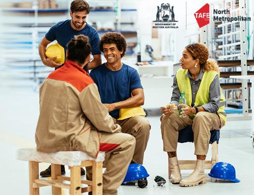 Group of construction workers chatting.