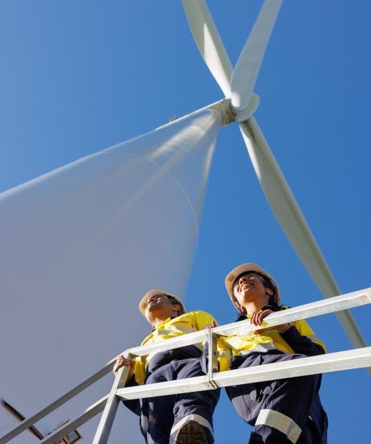 Two high vis workers under a windmill.